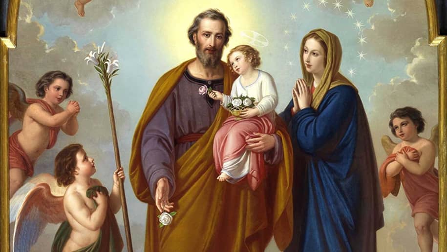 Tableau "Saint Joseph avec l'Enfant et la Vierge" de Tommaso Lorenzone représentant la sainte famille entourée d'anges. Jésus, dans les bras de Saint Joseph, lui donne des roses, représentant des grâces, que Saint Joseph nous envoie.